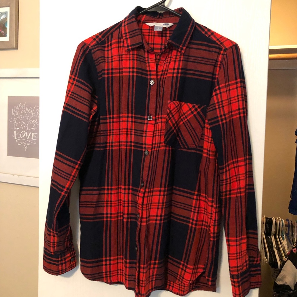 Navy blue and red plaid button down